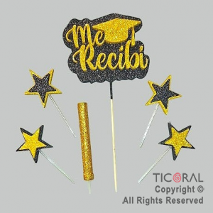 ADORNO DE TORTA SET ME RECIBI CON 4 ESTRELLAS Y BENGALA GIBRE ORO x 1